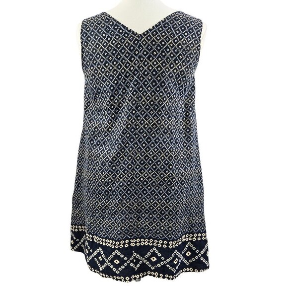 LOFT Linen Blend Blue Batik Border Mosaic Pocket Swing Dress Boho Tribal - Picture 2 of 9